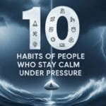 10 habits for staying calm under pressure with icons: lungs (breathing), brain (reframing), target (control), calendar (preparation), running person (movement), lotus (mindfulness), people (support), fence (boundaries), moon (self-care), heart (self-compassion)
