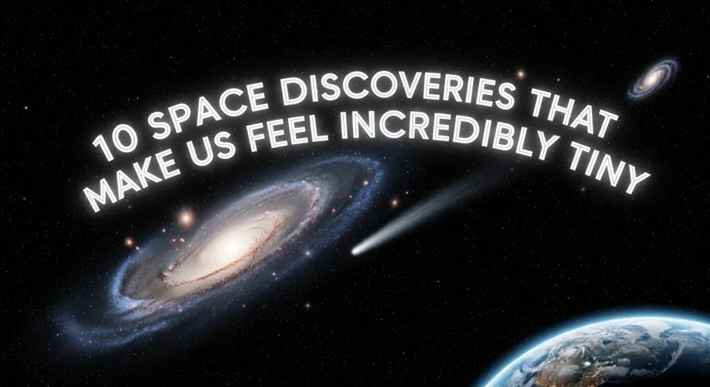 Deep space image showing galaxies, nebulae, and cosmic structures with overlay text about human scale in the universe