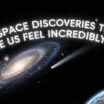 Deep space image showing galaxies, nebulae, and cosmic structures with overlay text about human scale in the universe