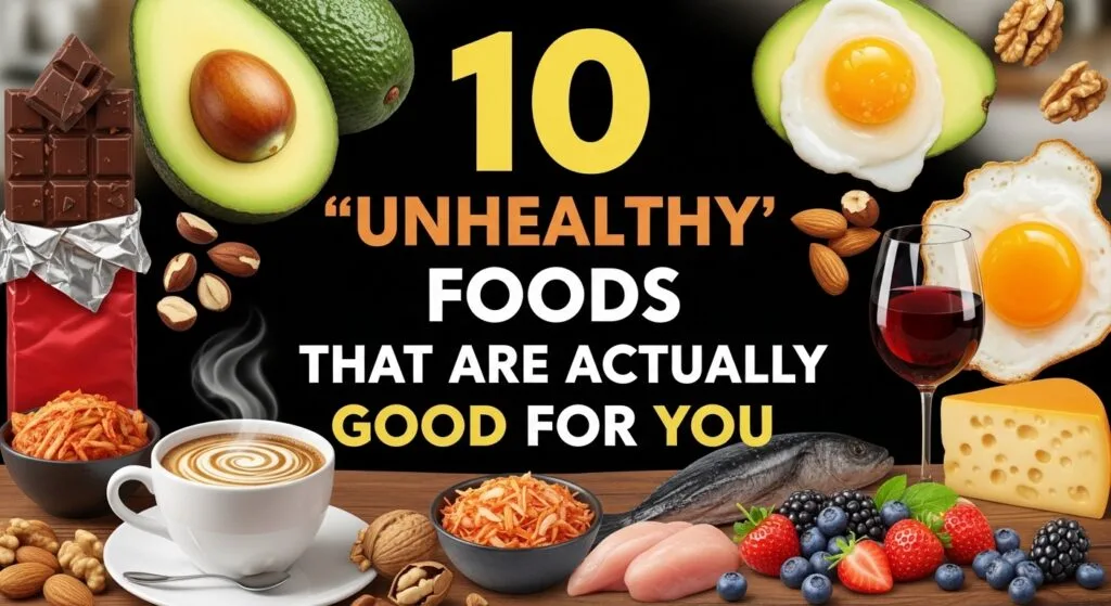Collage of 10 healthy foods including eggs, coffee, frozen vegetables, whole grain bread, dark chocolate, nuts, popcorn, and canned vegetables with scientific icons