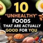 Collage of 10 healthy foods including eggs, coffee, frozen vegetables, whole grain bread, dark chocolate, nuts, popcorn, and canned vegetables with scientific icons