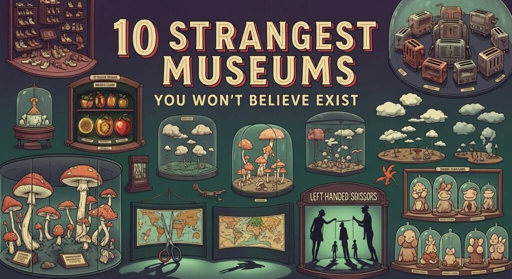 Collage of 10 unusual museums including ventriloquist dummies, underwater sculptures, bad art paintings, hair hanging from ceiling, and costumed cockroaches