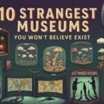 Collage of 10 unusual museums including ventriloquist dummies, underwater sculptures, bad art paintings, hair hanging from ceiling, and costumed cockroaches
