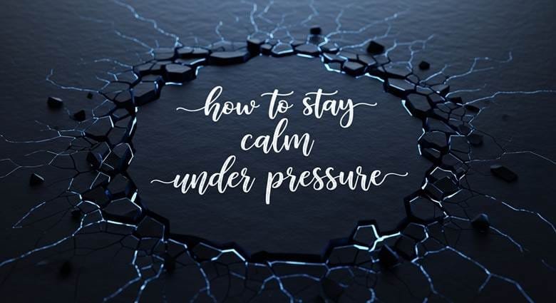 Calm professional meditating at desk with visible stress waves around them representing pressure but maintaining composure