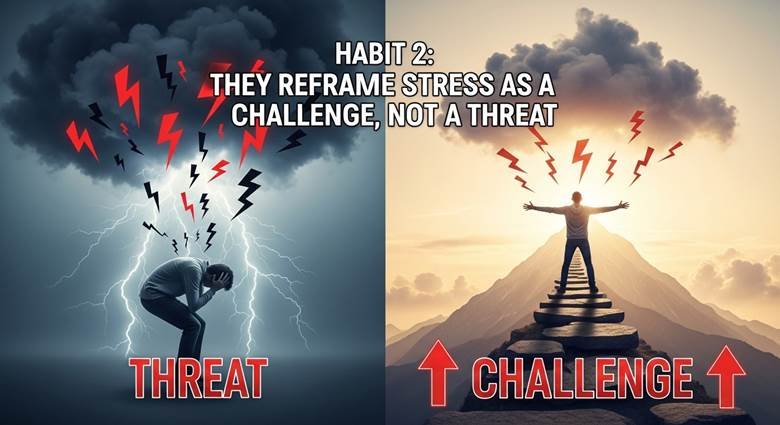 Illustration comparing threat response (This is dangerous) versus challenge response (I can handle this) with brain diagrams