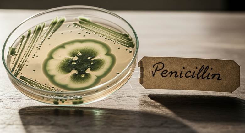 Alexander Fleming's messy laboratory with moldy petri dish that accidentally discovered penicillin in 1928