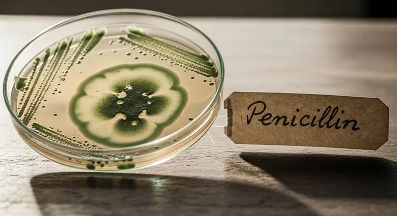Alexander Fleming's messy laboratory with moldy petri dish that accidentally discovered penicillin in 1928