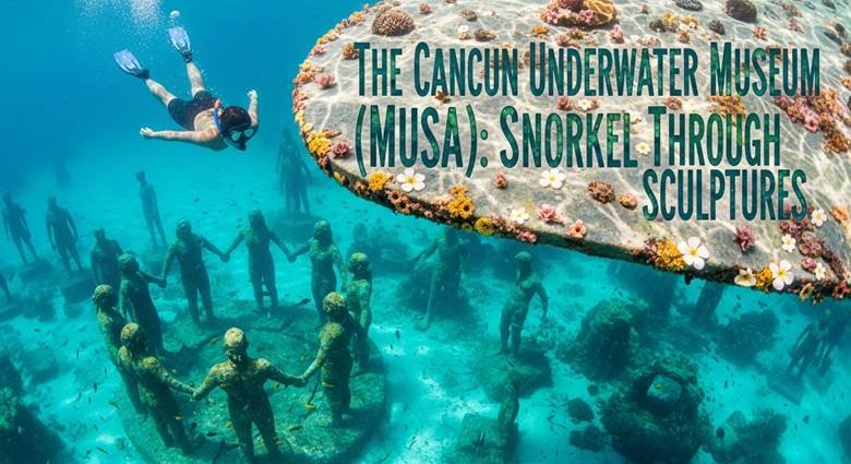 Underwater photograph of human sculptures on ocean floor with fish swimming around them in Cancun, Mexico