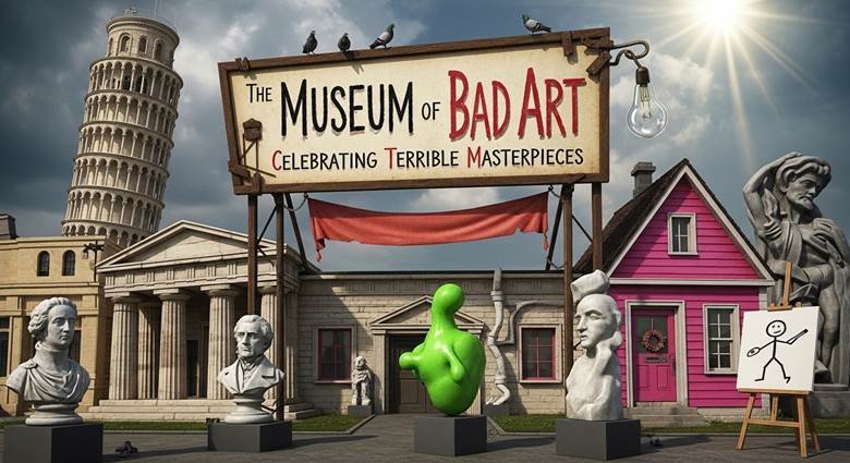 Lucy in the Field with Flowers painting at Museum of Bad Art showing intentionally terrible portrait