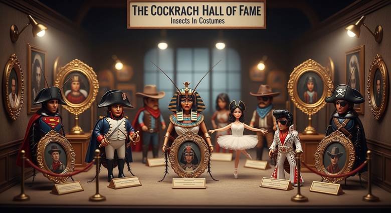 Dead cockroach dressed in tiny costume and positioned in miniature scene in Plano, Texas