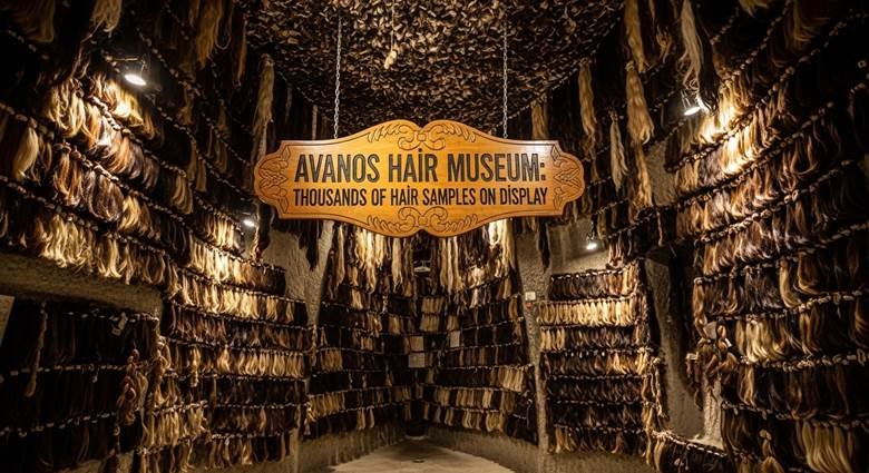 Underground cave ceiling covered with thousands of hanging hair samples with labels in Avanos, Turkey