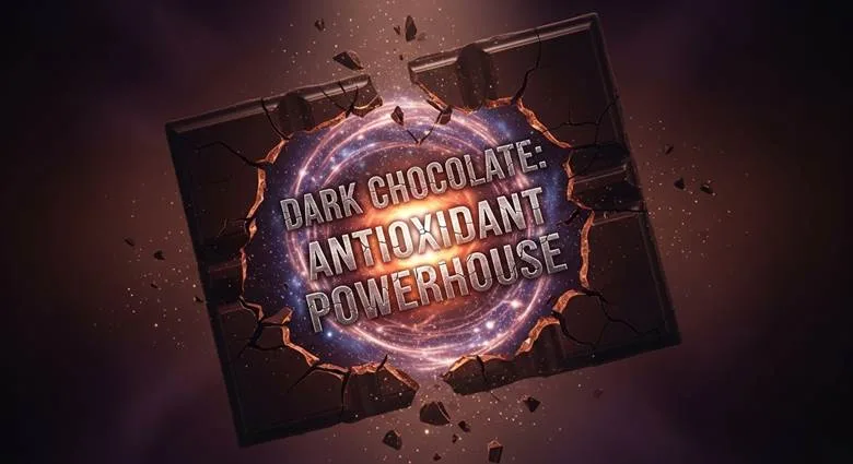 Dark chocolate bar with 70% cacao content broken into pieces showing antioxidants and flavanol content