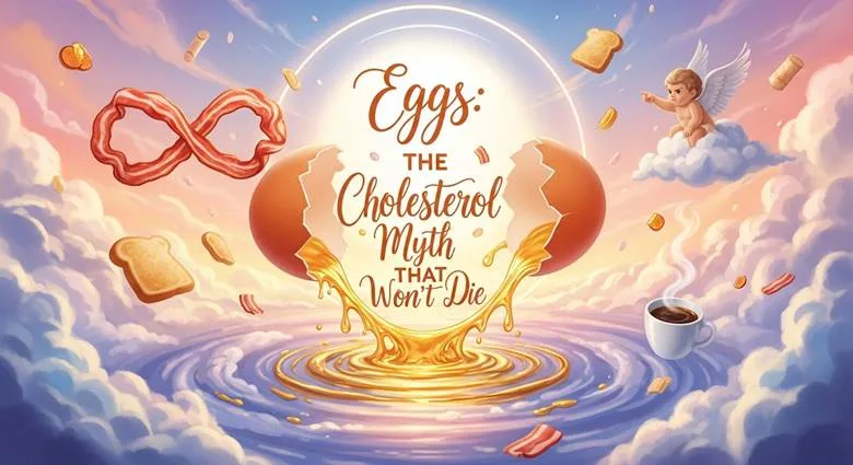 Fresh brown eggs in carton with nutrition information overlay showing protein, vitamins, and debunked cholesterol myth