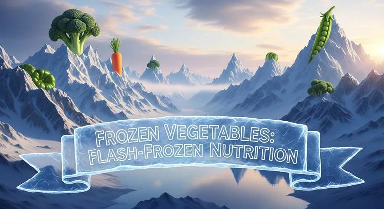 Bag of frozen mixed vegetables with steam rising next to fresh vegetables comparing nutrient retention