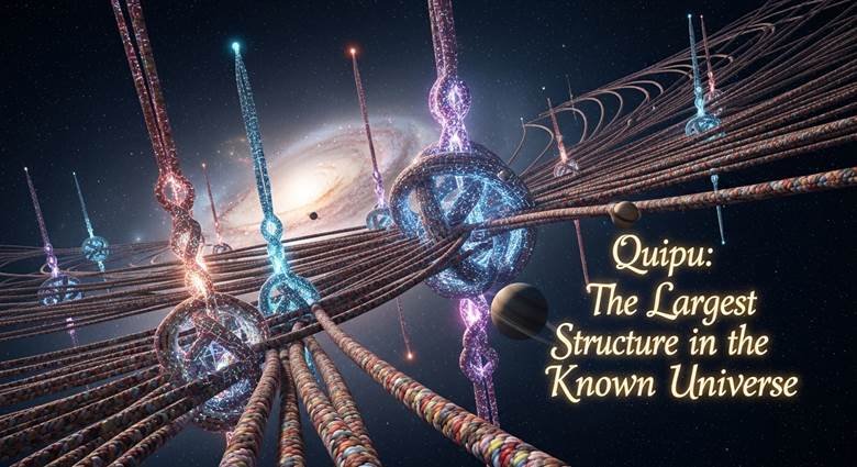 Artist's rendering of Quipu superstructure showing filamentary structure spanning billions of light-years with galaxy clusters
