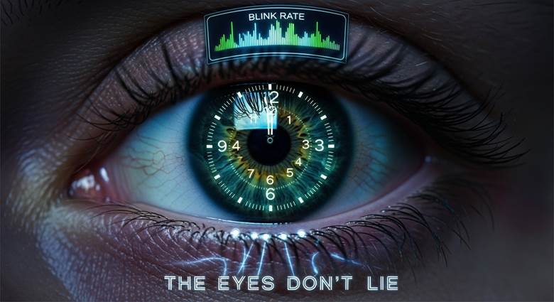 Illustration showing normal blink rate (6-8 per minute) vs. deception blink rate (7-10 per minute) with rebound effect
