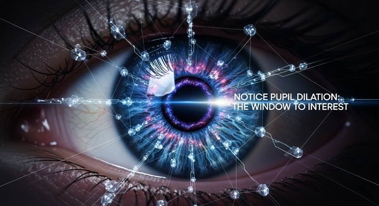 Side-by-side comparison of constricted pupil (disinterest) and dilated pupil (interest/attraction) in same lighting