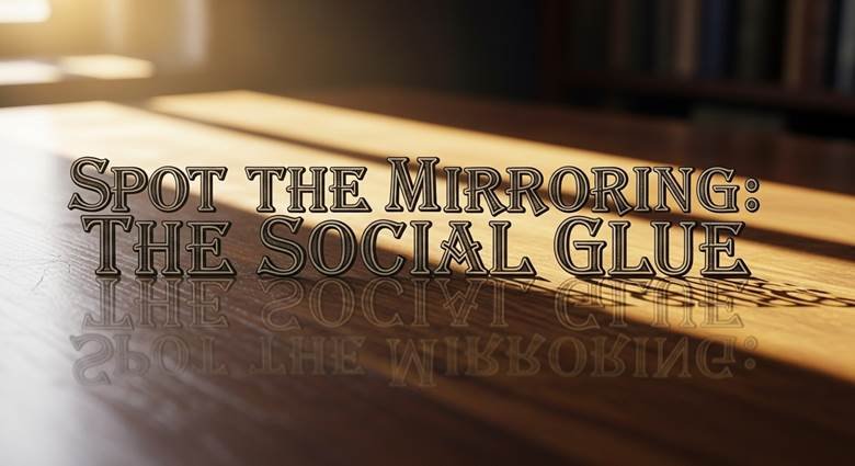 Two people sitting in mirrored postures with both leaning forward, legs crossed same way, showing unconscious connection