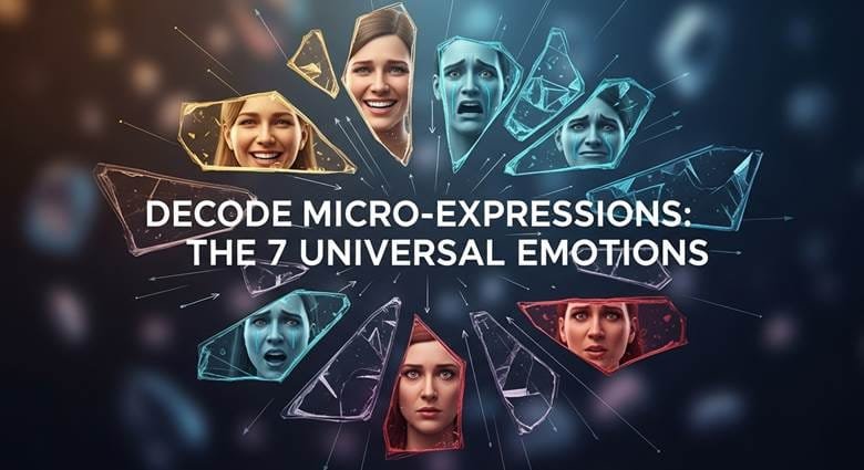 Facial expression grid showing the 7 universal micro-expressions: happiness, sadness, anger, fear, disgust, contempt, surprise